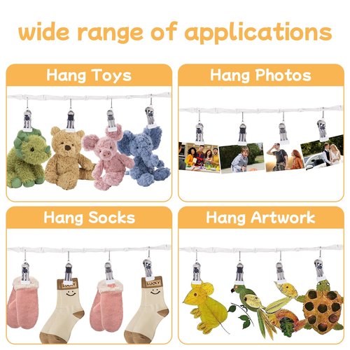 NiHome Cotton Hanging Storage Chain For Stuffed Animals Display Holder with 20 Stainless Steel Clips, 80" Plushies Storage Organizer for Wall/Nursery/Loft Bed,Suit for Toys Photos Hats Artwork, 1 Rope