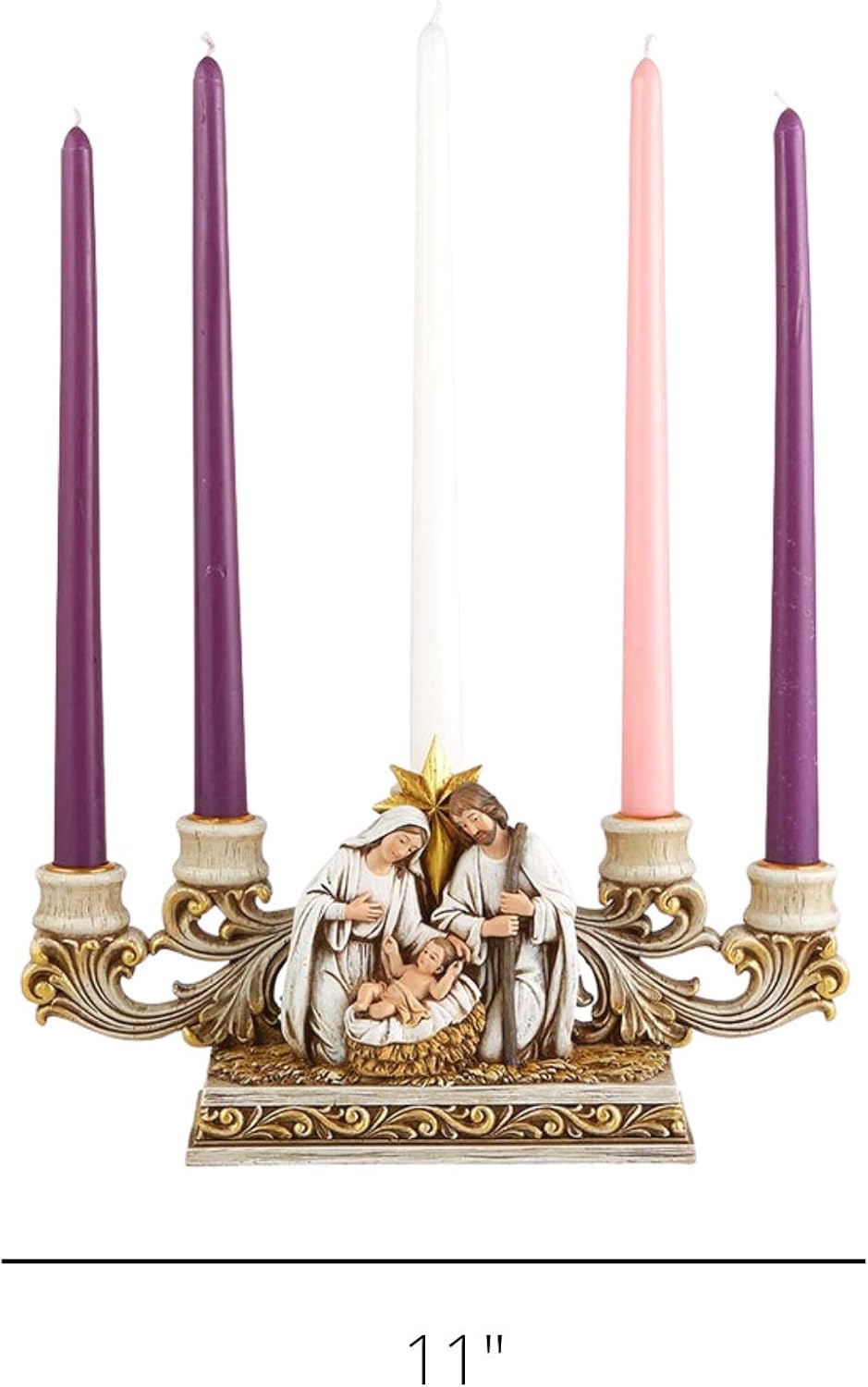 Needzo Advent Candle Holder - Gold Tone Holy Family Nativity Scene Centerpiece | 11 x 6.5 Inches