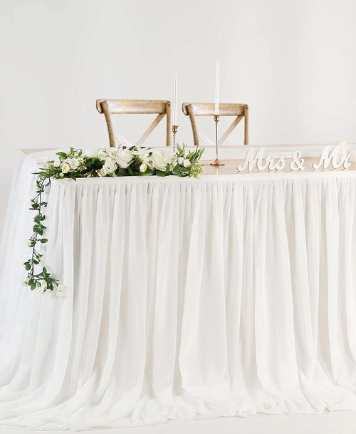 Mohoeey 14ft Extra Long White Chiffon Table Skirt with Pooling Tulle Tablecloth for Wedding, Birthday, and Cake Table Decorations