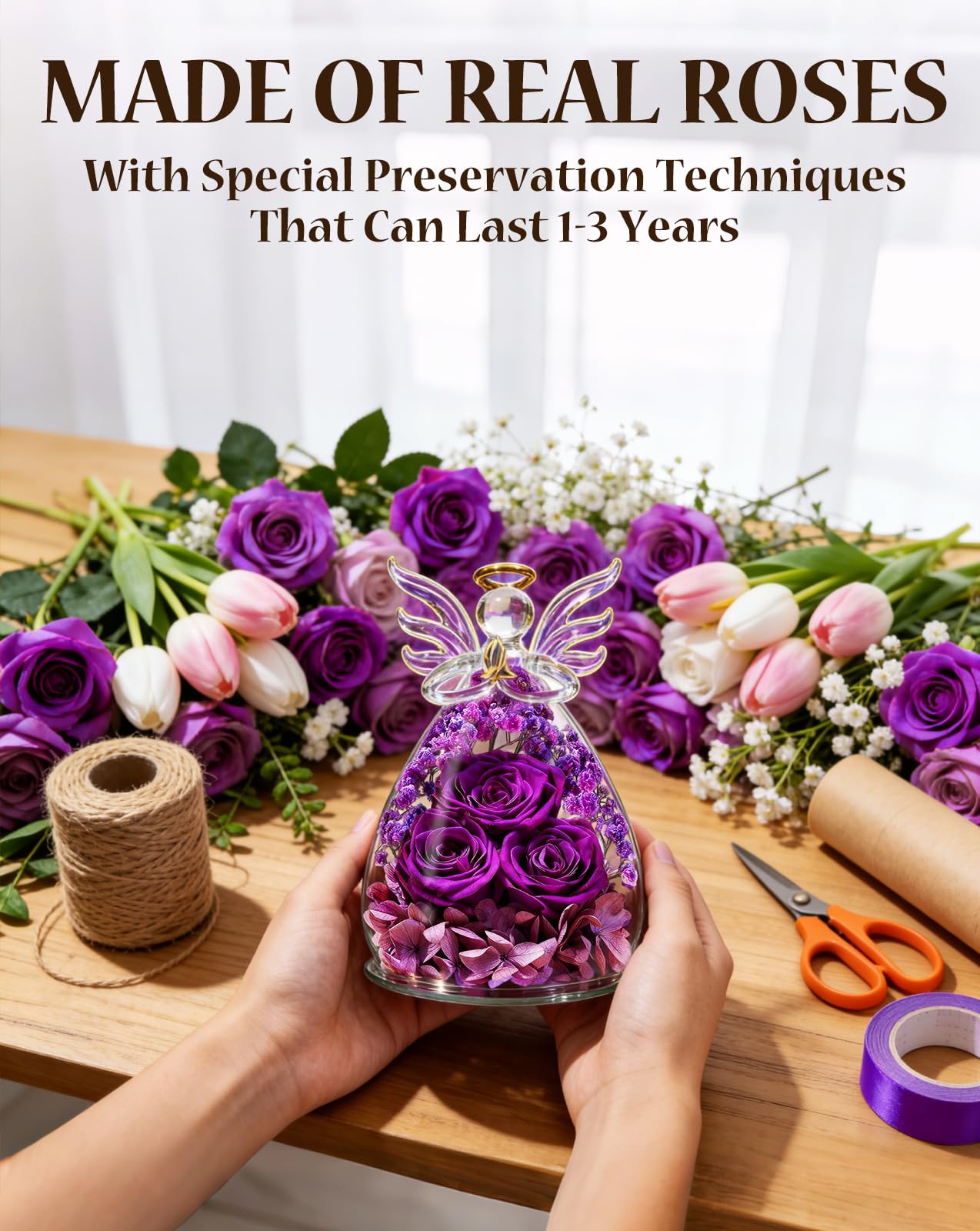 homeasy Mothers Day Roses Gifts for Women Birthday, Preserved Flowers Rose in Glass Angel Figurines, Forever Fresh Flowers for Delivery Gift Box for Wife Mom Her Grandma from Daughter