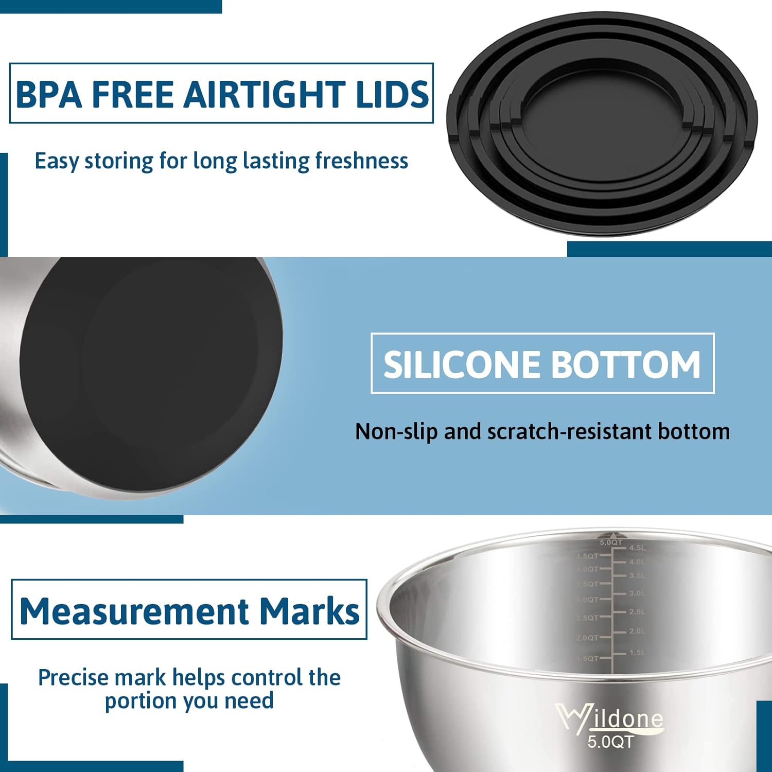Wildone Stainless Steel Mixing Bowls Set of 5 - Airtight Lids & Non-Slip Silicone Bottoms | Stackable Design, 1.5 to 8 QT