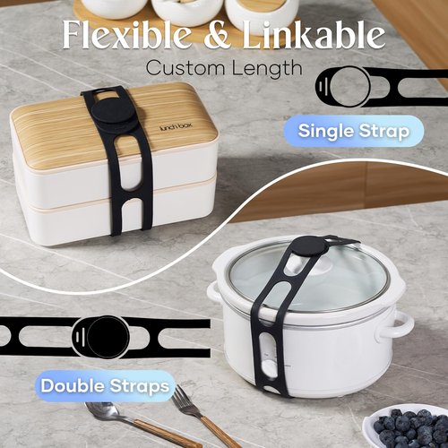 Fewoaei Silicone Latch Strap for Slow Cooker Lid, Pot & Food Storage - 2-Pack Black, Reusable Universal Lid Lock & Adjustable Silicone Straps for Cooking