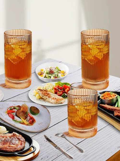 megarte Ribbed Glassware Vintage Drinking Glasses 12Pcs Set （6 Highball Glasses 16Oz And 6 Rocks Glasses 13Oz） Amber Ribbed Glass Cups For Iced Coffee, Cocktails, Juice, Beer, Everyday Drinking