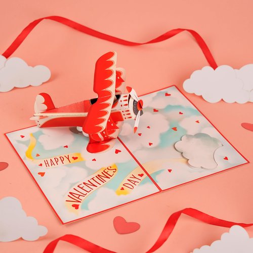 POPWOW Love Biplane Pop Up Card, Happy Valentine's Day, Cloud, Heart, 3D Popup Greeting Cards, Ideal Gifts for Wife, Husband, Lovers, Kids, Girlfriend, 5x7 - Includes Envelope And Message Note