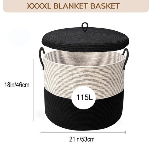 Echueuey 21" x 18"Extra Large storage baskets,Eco-friendly rope baskets with lid,blanket basket living room with lid,hampers for bedroom,big,round, Black 115L