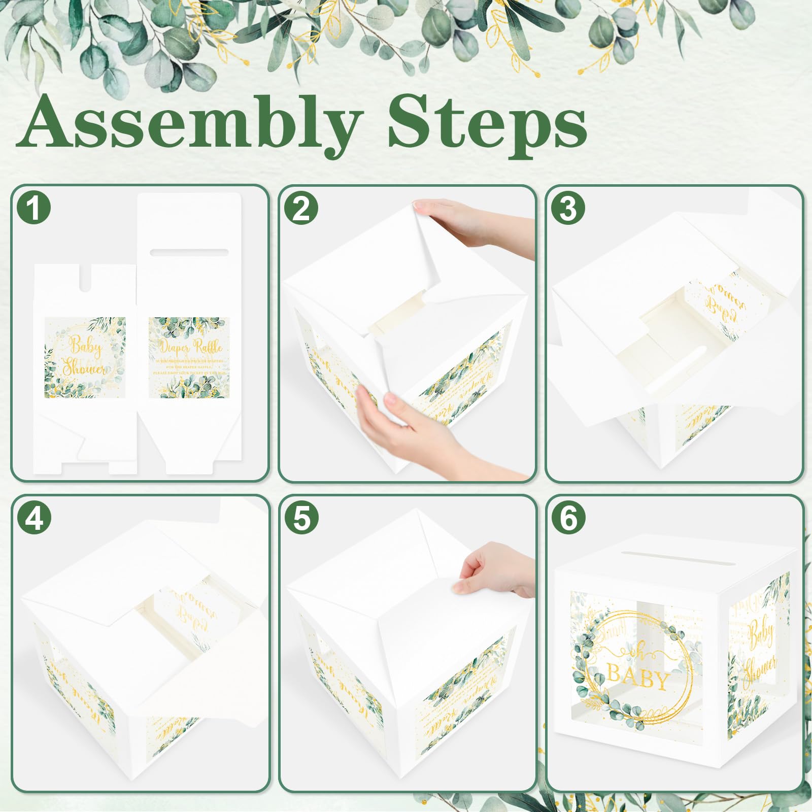 Greenery Baby Shower Games for Girl or Boy, Oh Baby Sage Green Diaper Raffle Card Box with Tickets for Boy Baby Shower Decorations