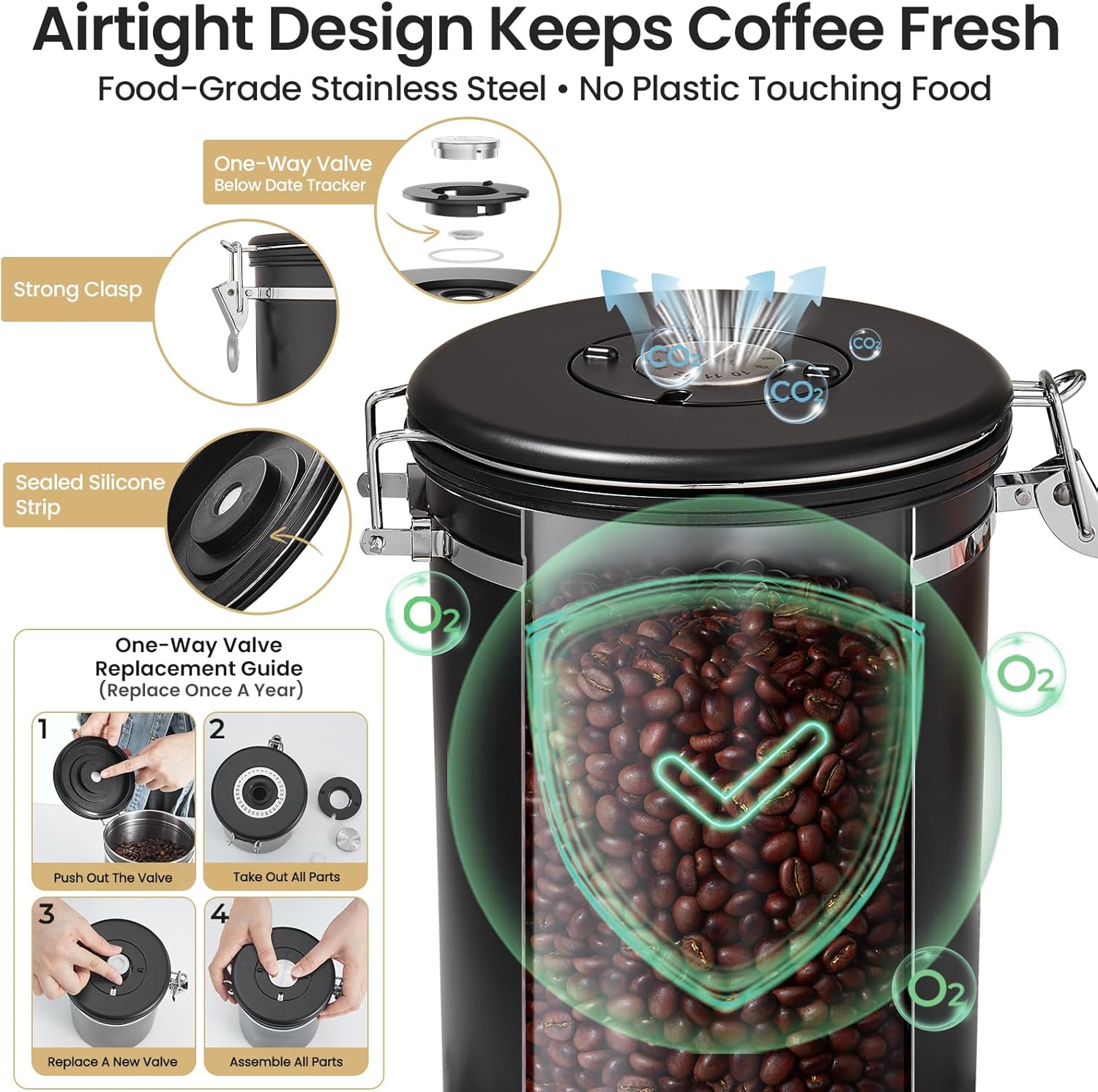 Veken Coffee Canister - Airtight Stainless Steel Food Storage Container | 39oz for Coffee, Sugar & Tea
