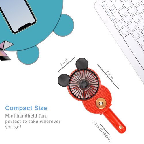 LACOVIA Cute Mouse Misting Mini Fan, Handheld Portable USB Rechargeable Fan with 3 Adjustable Speeds, Foldable For Travelling(Pink)