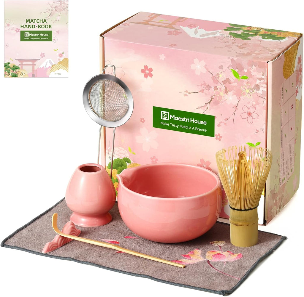 Maestri House Matcha Whisk Set - 7-Pc Complete Kit with Ceramic Bowl, Bamboo Whisk & Accessories | Perfect Gift for Matcha Lovers (Pink)