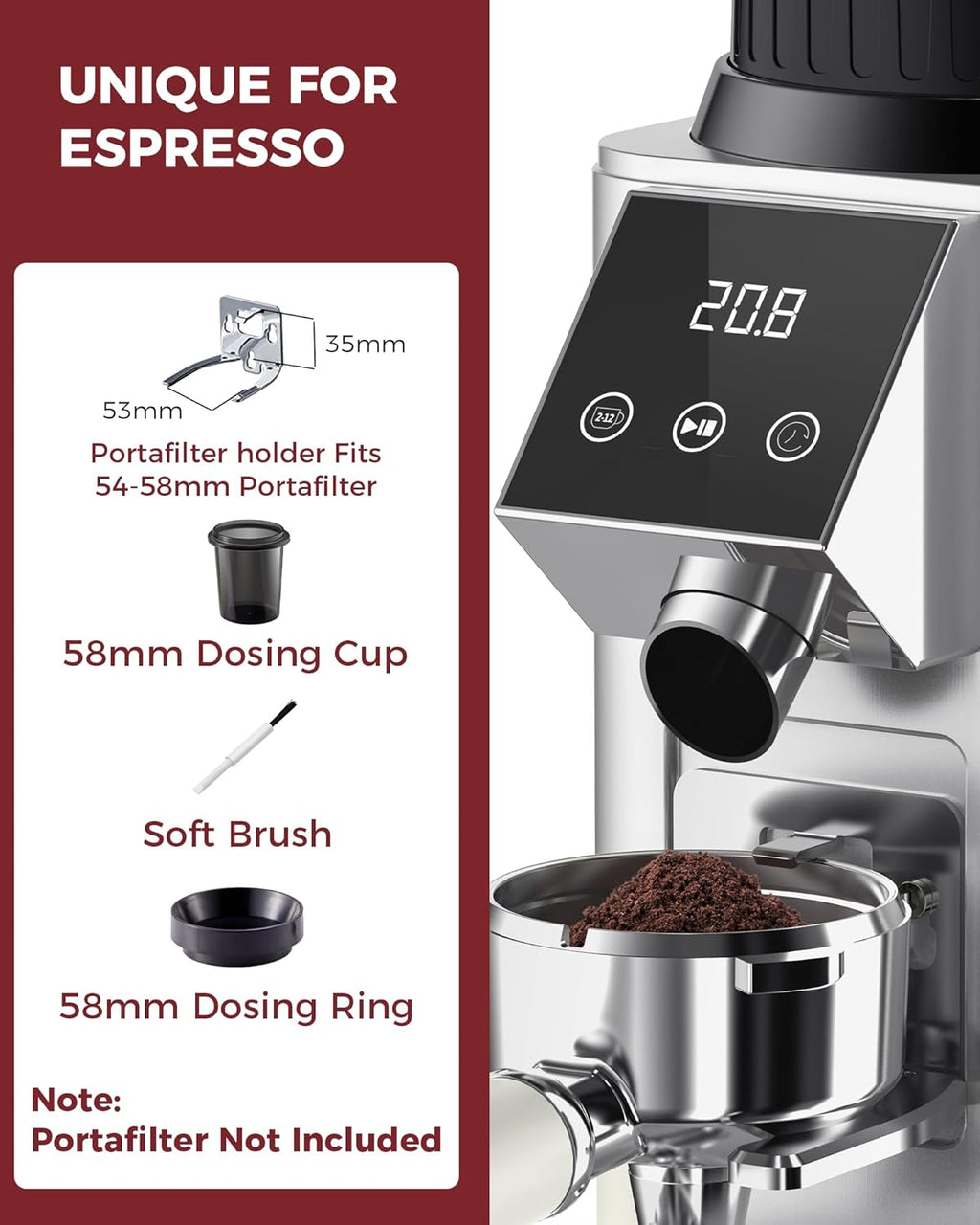 Tuni G1 Coffee Grinder - Precision Conical Burr Mill with 48 Grind Settings & LED Touchscreen - Stainless Steel Silver