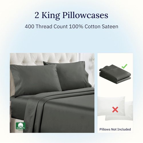 California Design Den King Size Pillowcase Set - 400 Thread Count, 100% Cotton Sateen, Soft & Breathable - Grey