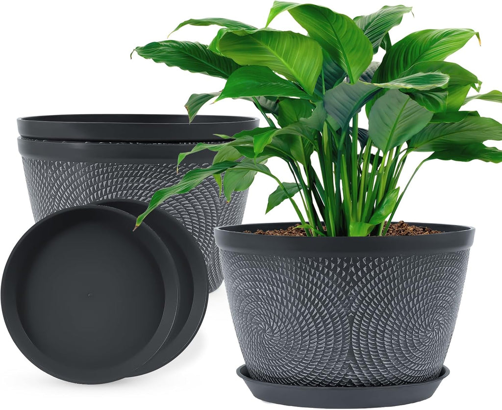 Quarut 10 Inch Flower Pots - 3 Pack Plastic Planters with Drainage Tray | Modern Gray Garden Pots
