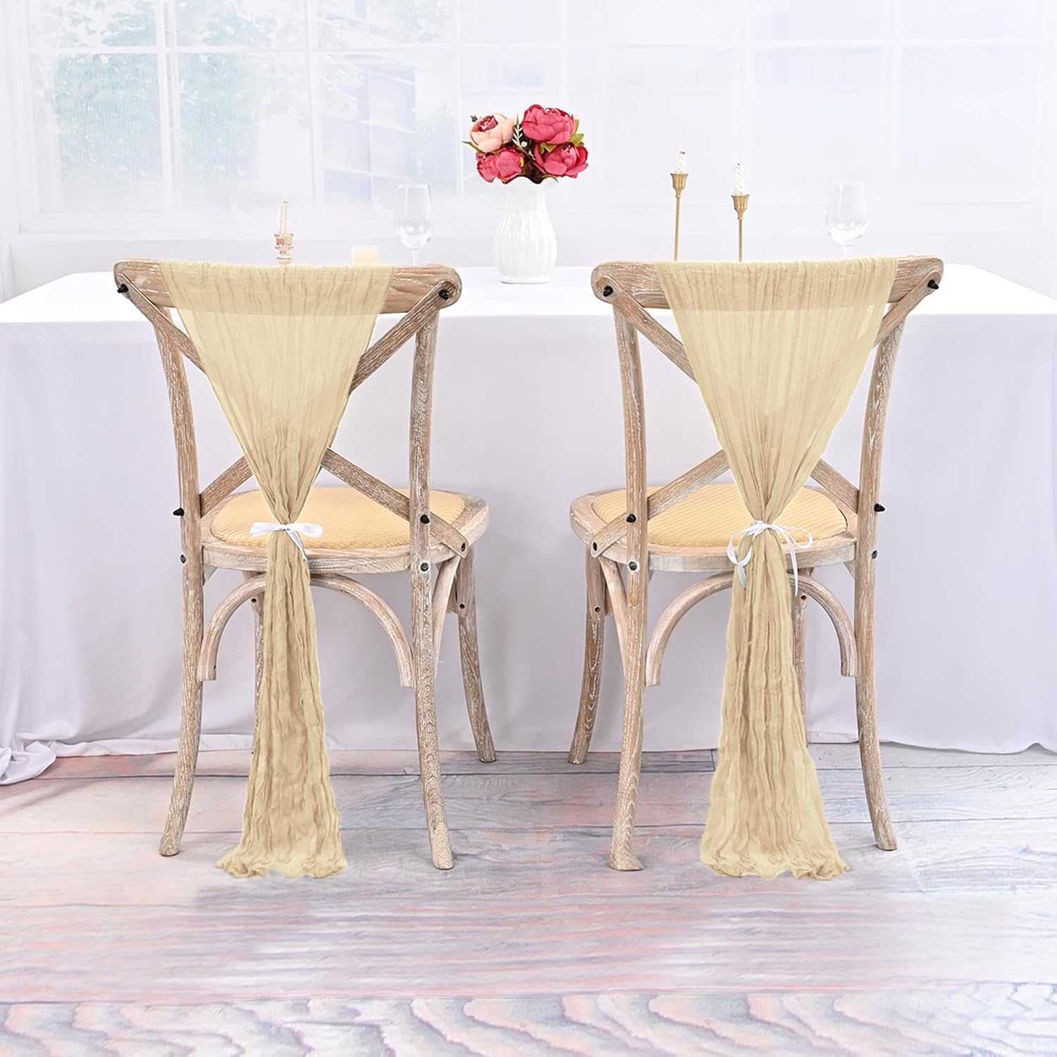 Skiennix 50 PCS Cheesecloth Chair Sashes - Elegant Wedding Aisle Decorations | Beige Ribbon Ties