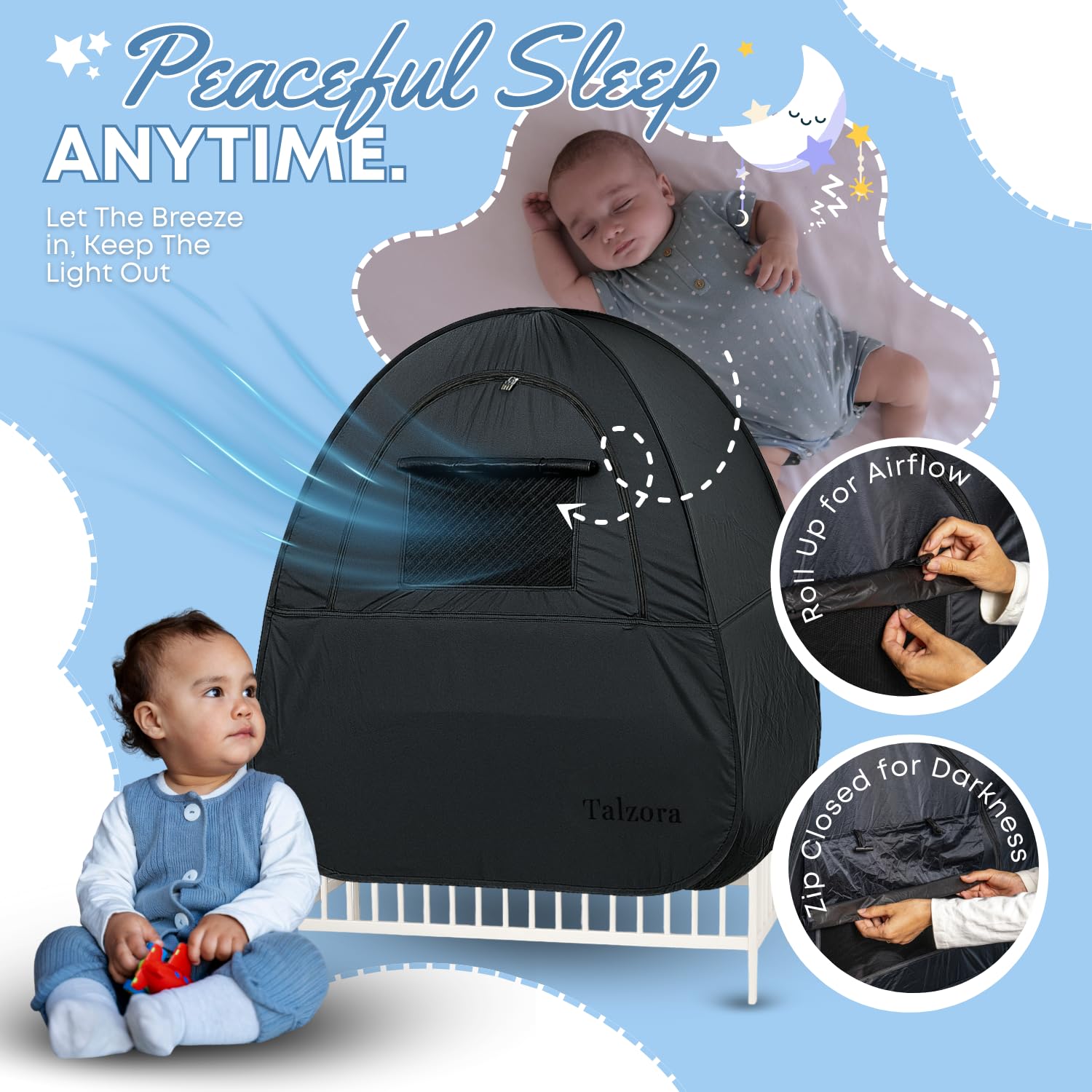 Talzora Baby Sleep Tent – Breathable Blackout Cover for Pack N Play, Crib Cover & Travel Sleep Pod, Easy pop up Setup for Toddlers and Babies Easy and Ready