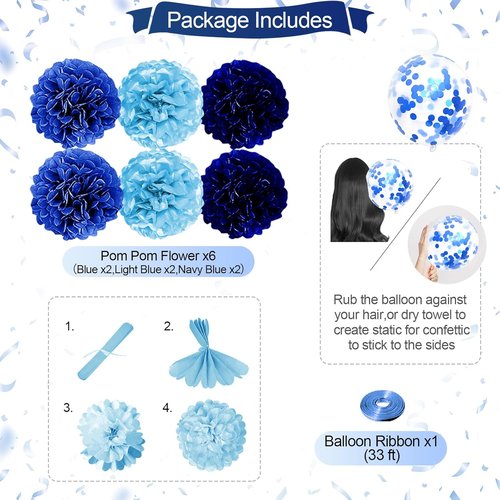 Blue Birthday Party Decorations - Skiennix Happy Birthday Banner & Balloons | Navy & Light Blue Pom Poms