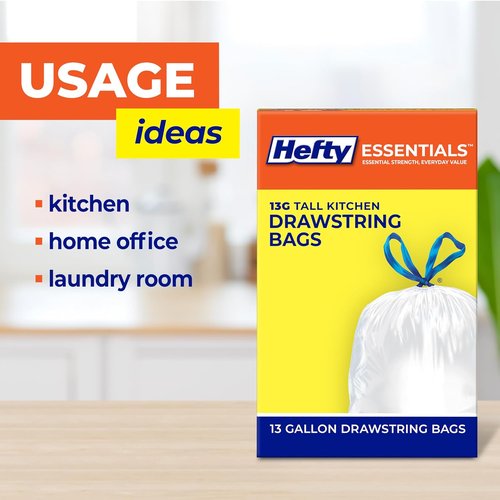 Hefty Essentials 13 Gallon Kitchen Trash Bags - 45 Count Tall Unscented, Easy Tie & Lift, White