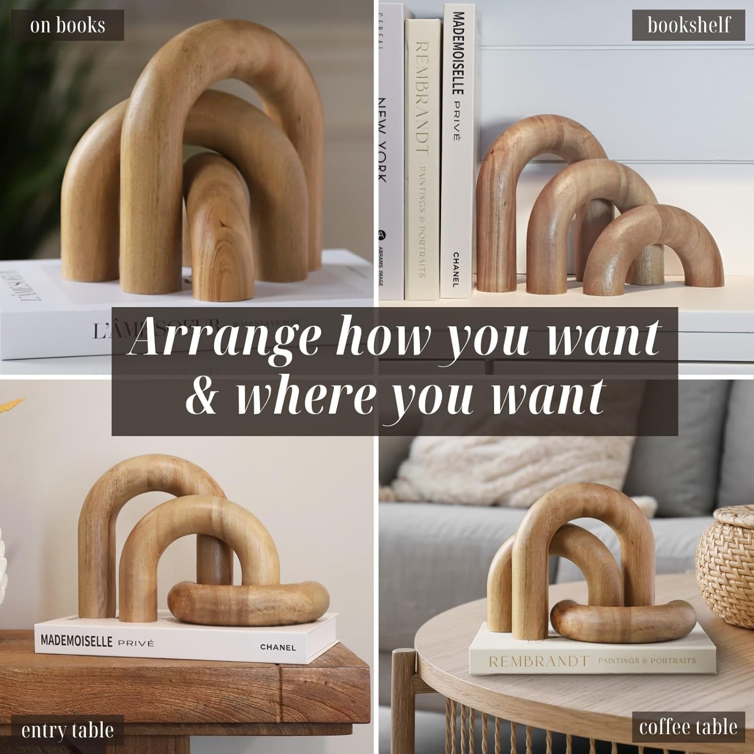 Wooden Arch Decor Set of 3 - Aesthetic Shelf Decor for Coffee Tables & Bookshelves - Acacia Wood Japandi Accents