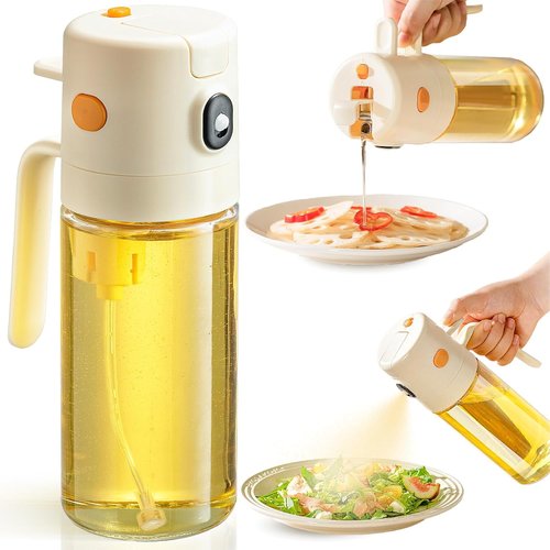 Katbite Olive Oil Dispenser Bottle - 2-in-1 Glass Oil Sprayer with Non-Drip Design | 18.6 oz Cream White