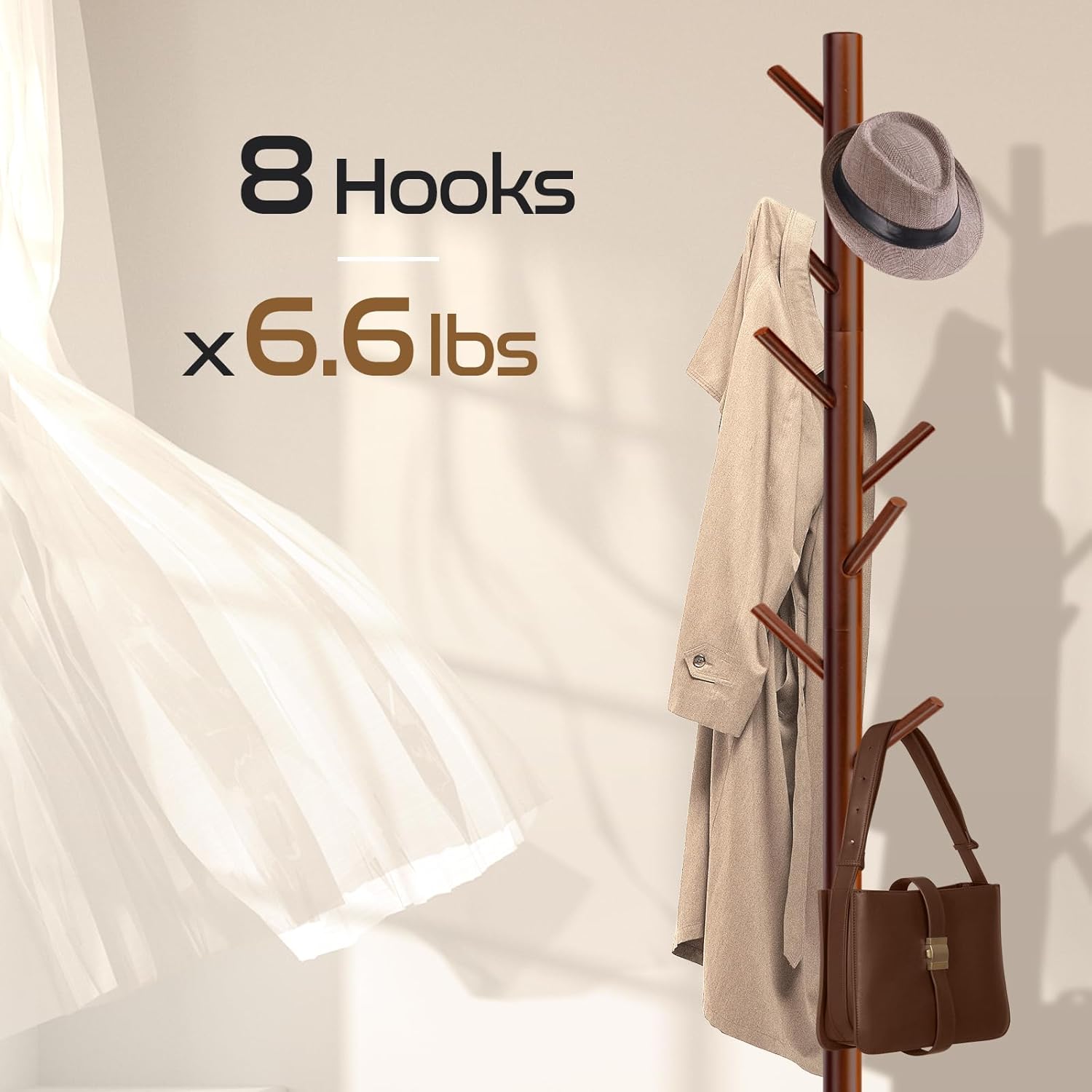 Skiennix Solid Wooden Coat Rack - Freestanding New Zealand Pine Coat Tree with 8 Hooks | Adjustable Sizes for Entryway, Office, or Bedroom (Brown)
