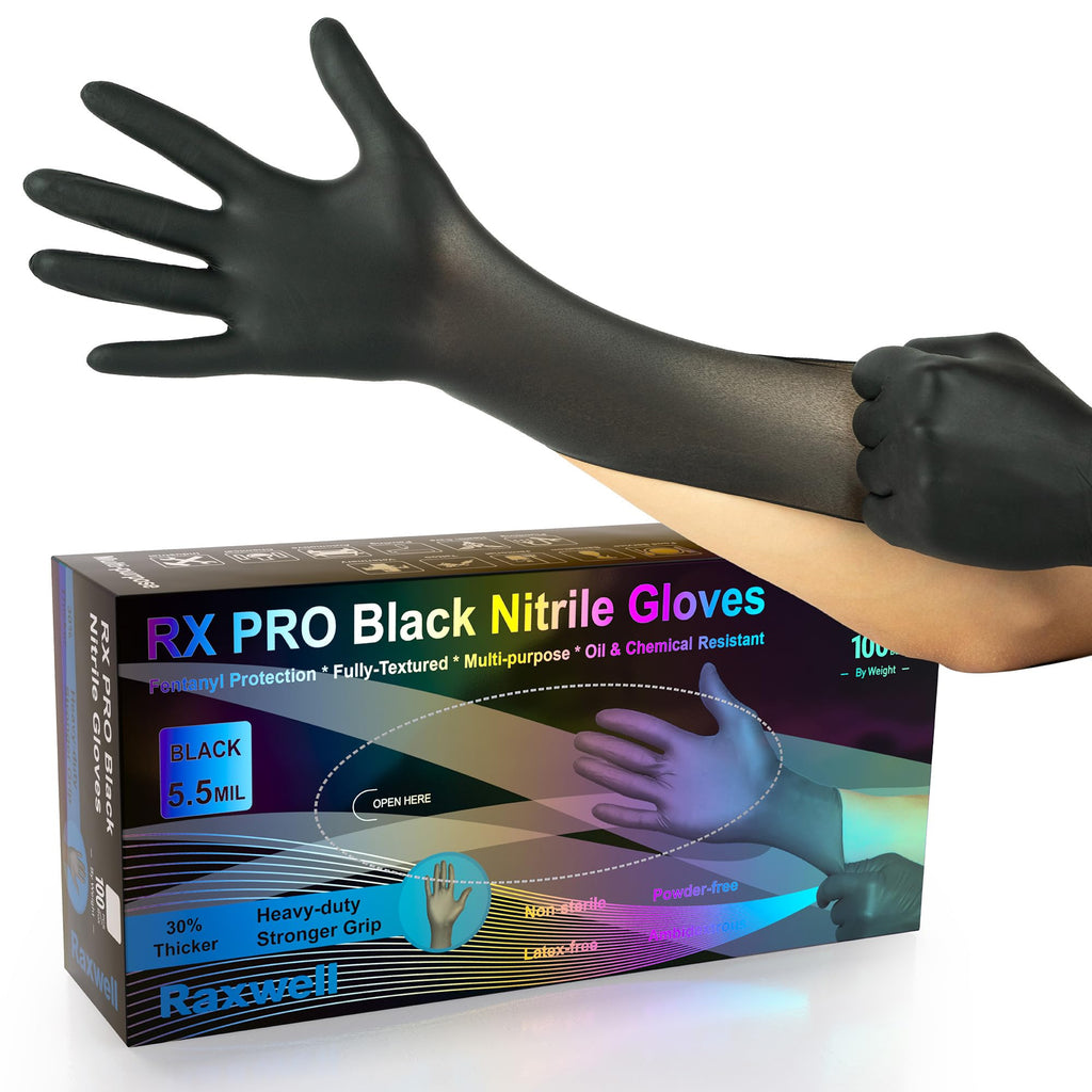 Raxwell 5.5 Mil Black Nitrile Gloves - Chemical Resistant for Medical & Cleaning Tasks - Textured Touchscreen-Compatible Food Safe Gloves - Disposable for Cooking & Prep - Medium Pack of 100