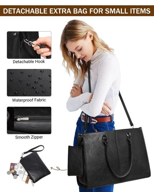 Laptop Tote Bag with Insulated Lunch Compartment for Women Work, PU Leather Lunch Bag with 15.6 Inch Computer Compartment