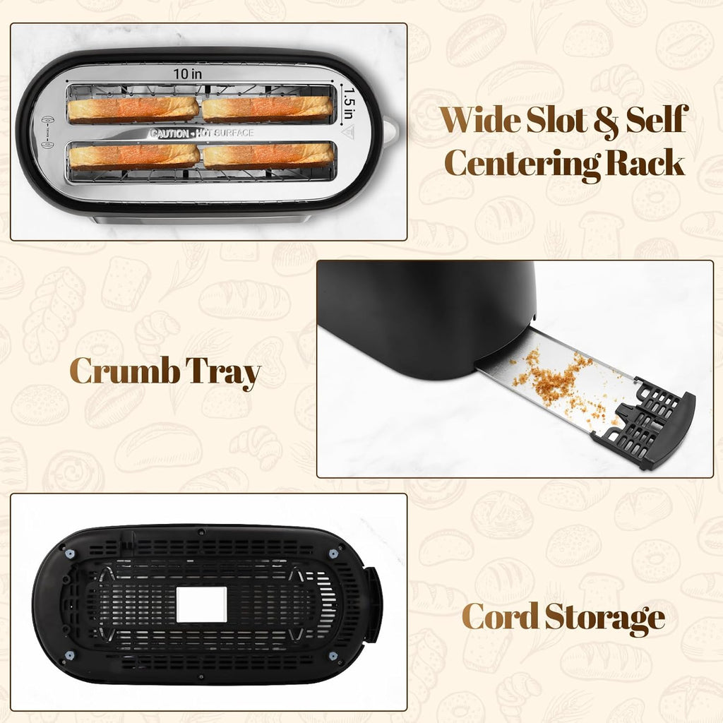Tesslux 4-Slice Toaster - Touch Screen Control, 1.5" Wide Slots, 6 Browning Levels | Black Finish