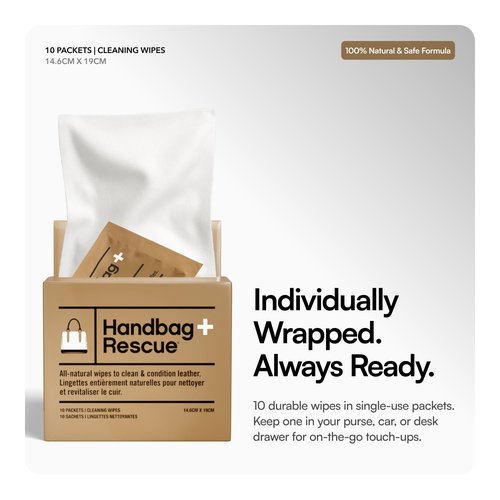 HandBagRescue All-Natural Cleaning Wipes. Remove Dirt & Surface Stains & Conditions Leather Handbags with Essential Oil. Box of 10 Individually Wrapped Wipes.