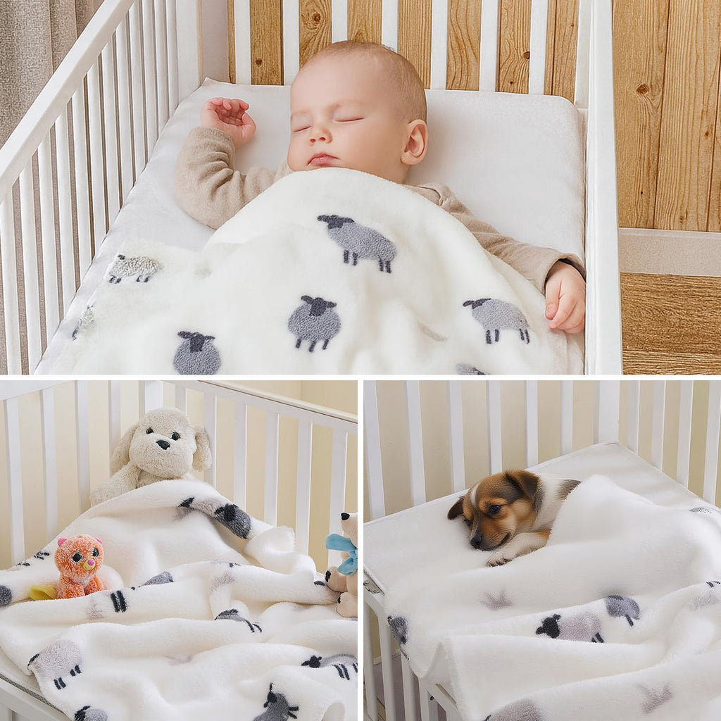 Soft Cozy Sherpa Fleece Baby Blankets Animal Pattern Fluffy Plush Receiving Blanket for Newborn Infant Toddler Thick Warm Crib Stroller Blanket for Boys Girls 30"x40" White Sheep
