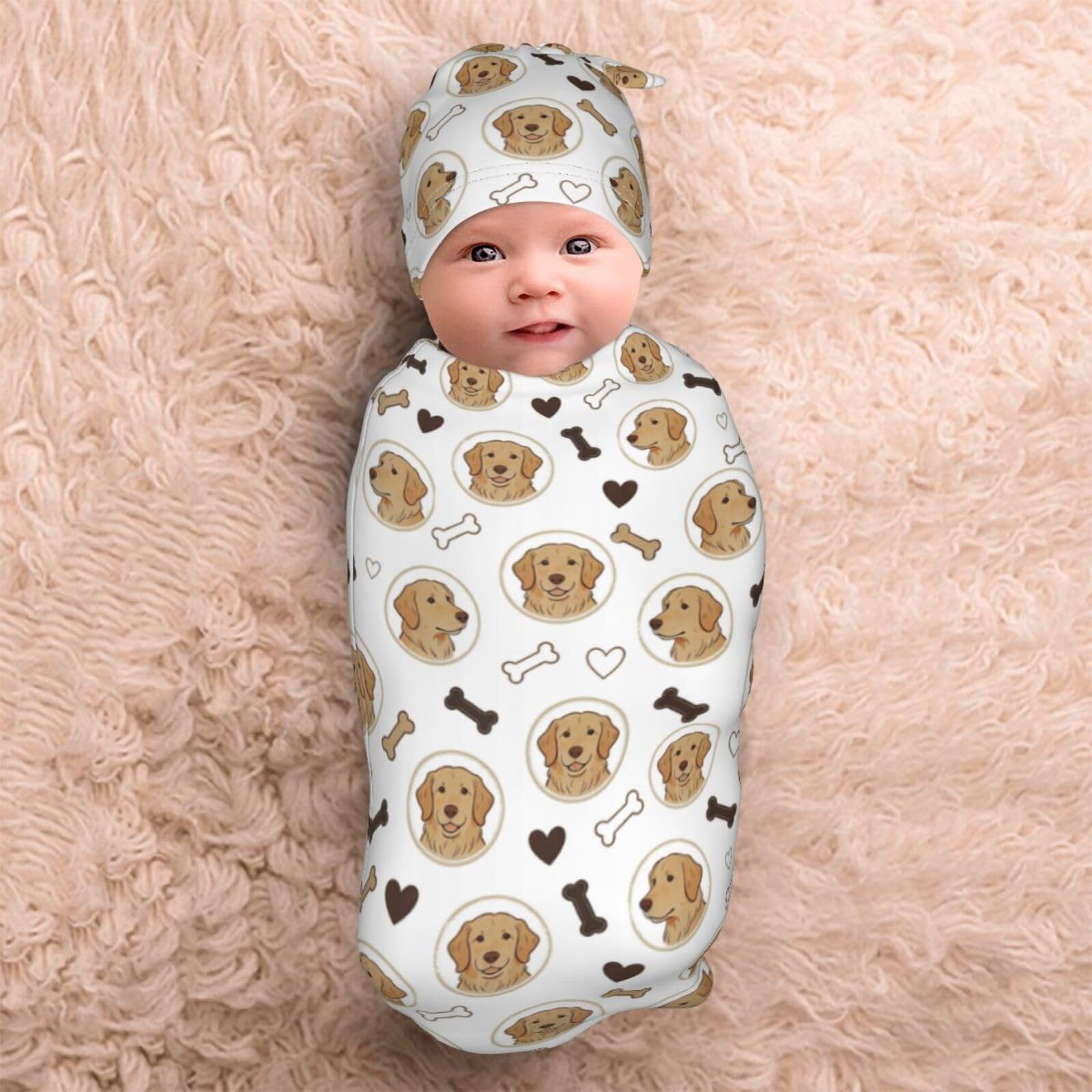 Qwalnely Golden Retriever Swaddle Blanket with Hat for Baby, Dog Theme Swaddling Baby Stuff