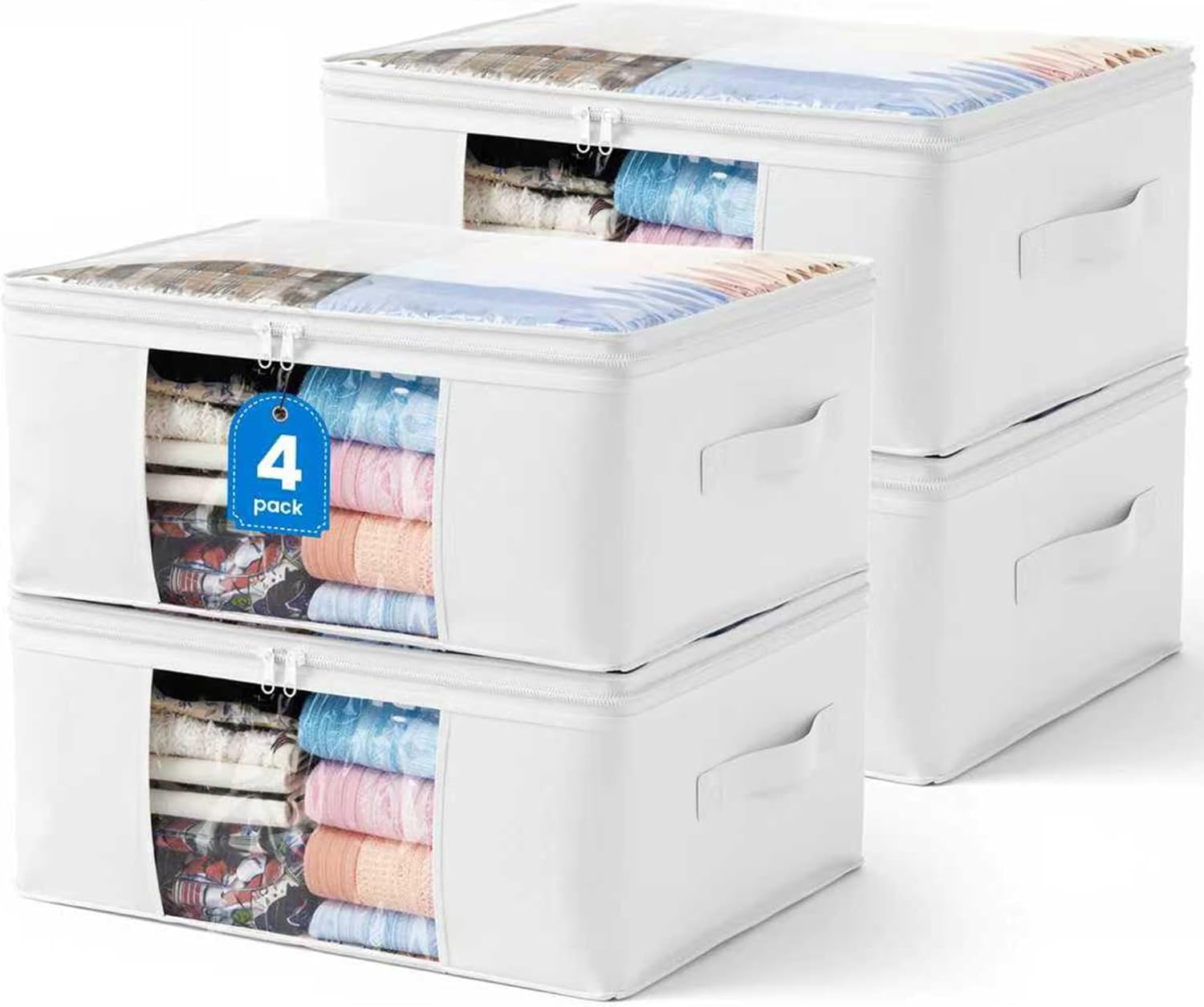 Skiennix Clothes Storage Bags - Foldable Thick Fabric with Clear Window & Carry Handles | 4-Pack, White