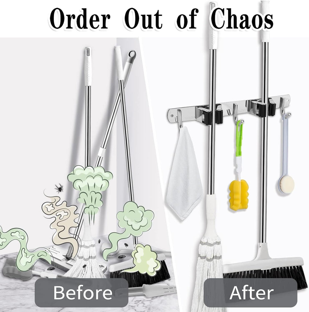 Skiennix Wall-Mounted Broom and Mop Holder | Heavy-Duty Stainless Steel Organizer with 2 Racks & 3 Hooks
