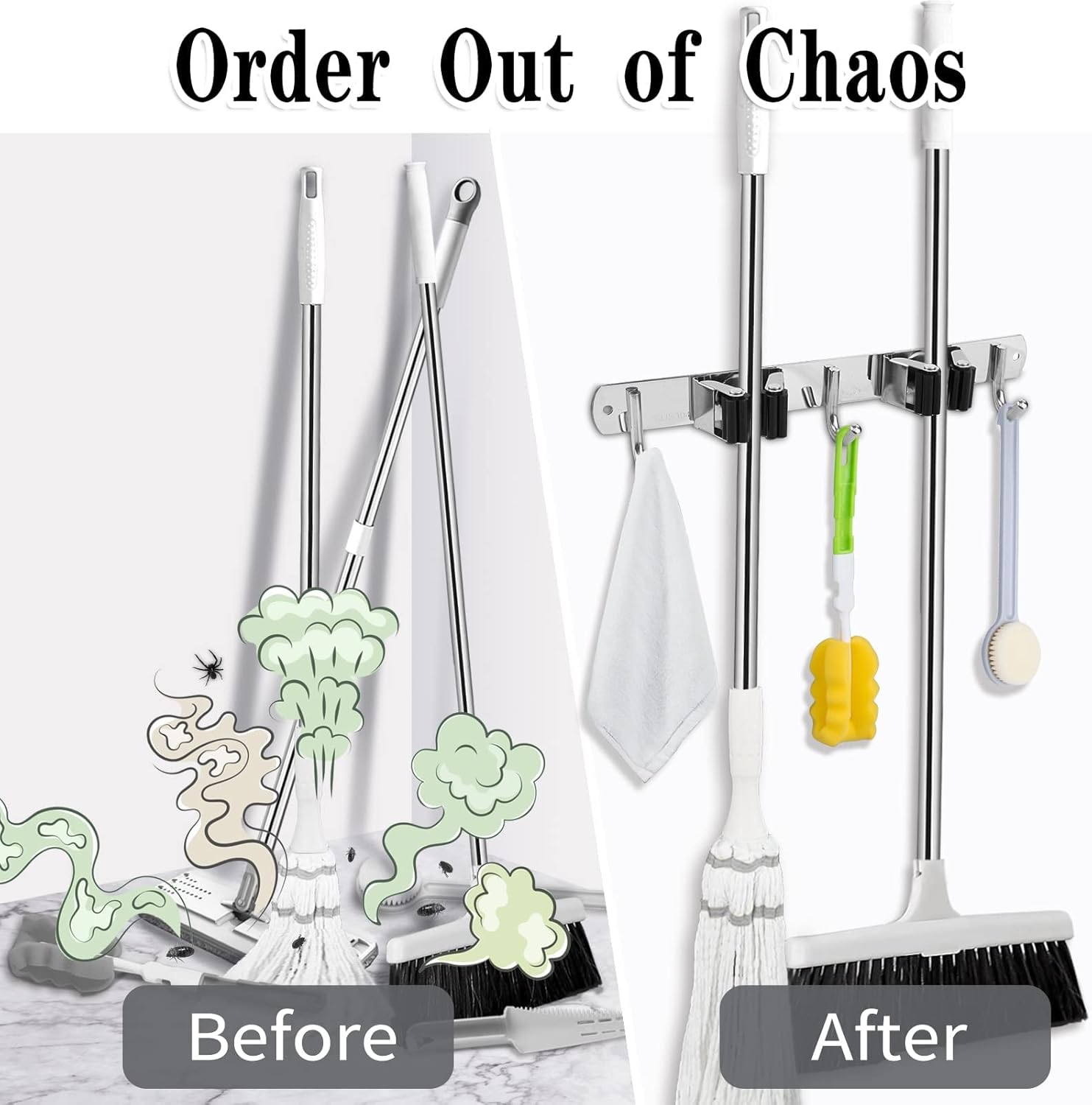Skiennix Wall-Mounted Broom and Mop Holder | Heavy-Duty Stainless Steel Organizer with 2 Racks & 3 Hooks