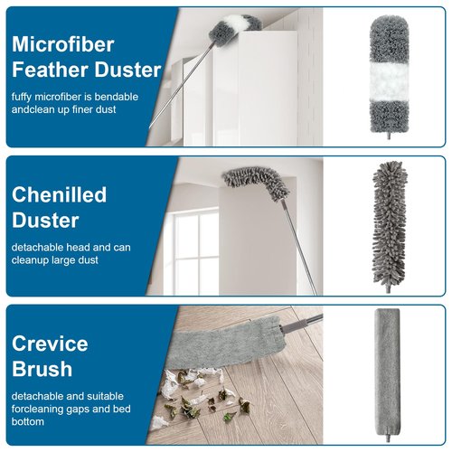 Microfiber Duster, 4PCS with Extension Pole(Stainless Steel) 30 to 100 Inches, Reusable Bendable Dusters, Washable Lightweight Dusters for Cleaning Ceiling Fan, High Ceiling, Blinds, Furniture, Cars