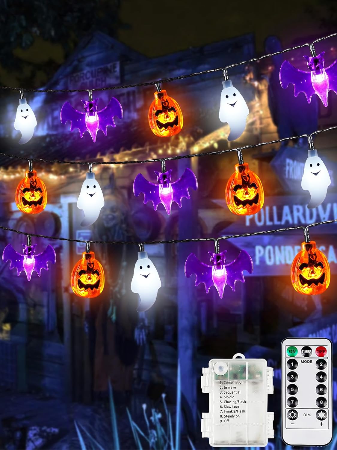 Skiennix Halloween String Lights - 3D Pumpkin, Bat & Ghost Fairy Lights | Battery Operated, 30 LEDs, Waterproof, 8 Modes & Timer for Indoor/Outdoor Decor