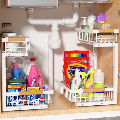 Liuoud Under Sink Organizer - 2 Pack Adjustable 2-Tier Storage Solution for Kitchen & Bathroom Cabinets - White