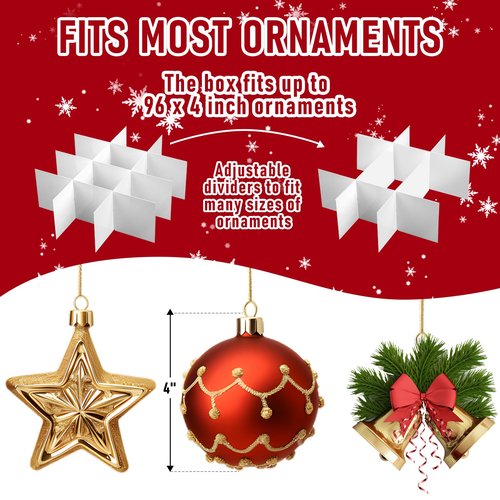 Tufmunb Christmas Ornament Storage Box, Stores 96-4" Large Ornaments with Individual Trays, Ornament Organizer Storage Box, Durable 600D Oxford Material, Extra Pockets, Dual Zipper - Red