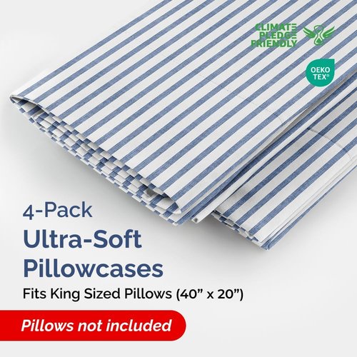 King Pillow Cases by [Brand Name] - Ultra Soft Hotel Quality Covers | 4-Piece Set in Blue Stripes - Wrinkle Free & Fade Resistant