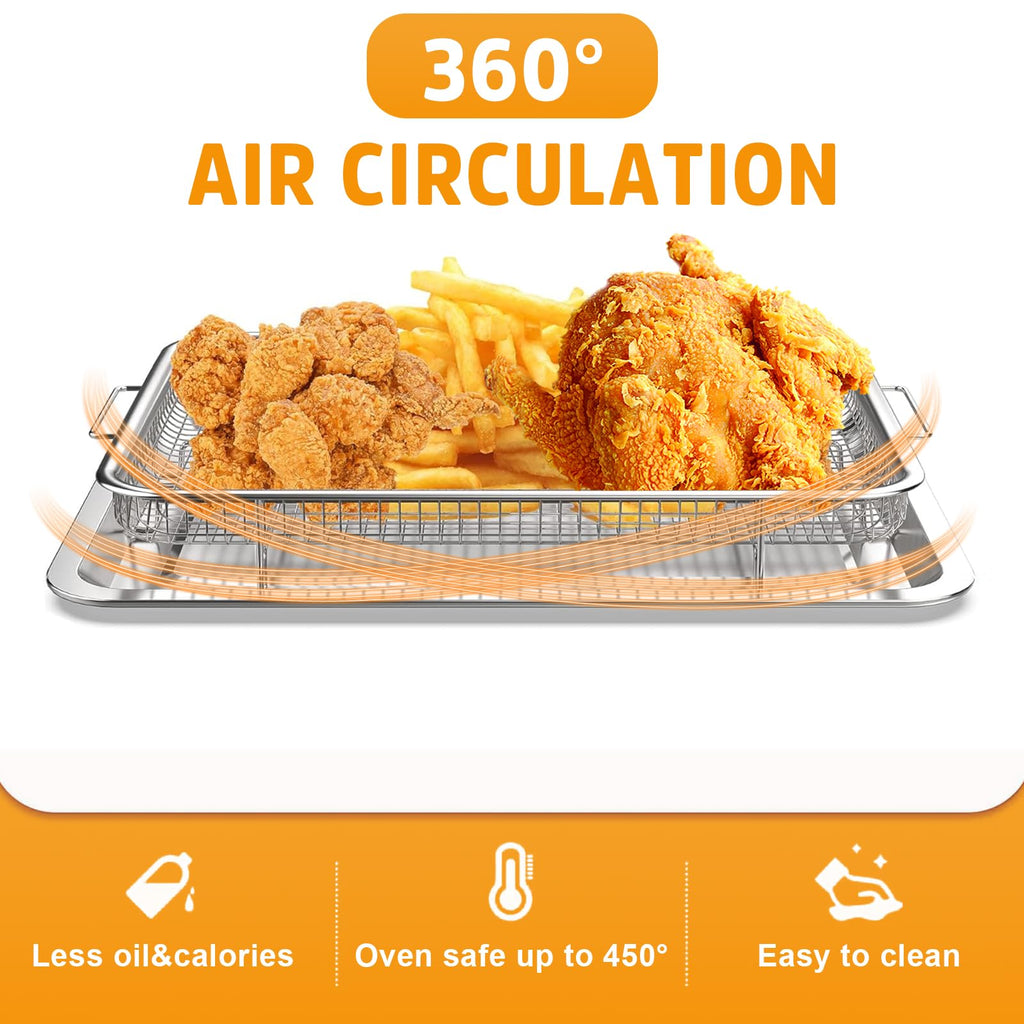 Air Fryer Basket for Oven 15" x 11", Stainless Steel Crisper Tray & Baking Pan Set with 50 PCS Parchment Paper, Oven Air Fryer Rack for Bacon, Fries, Chicken, Healthy Oil-Free Cooking