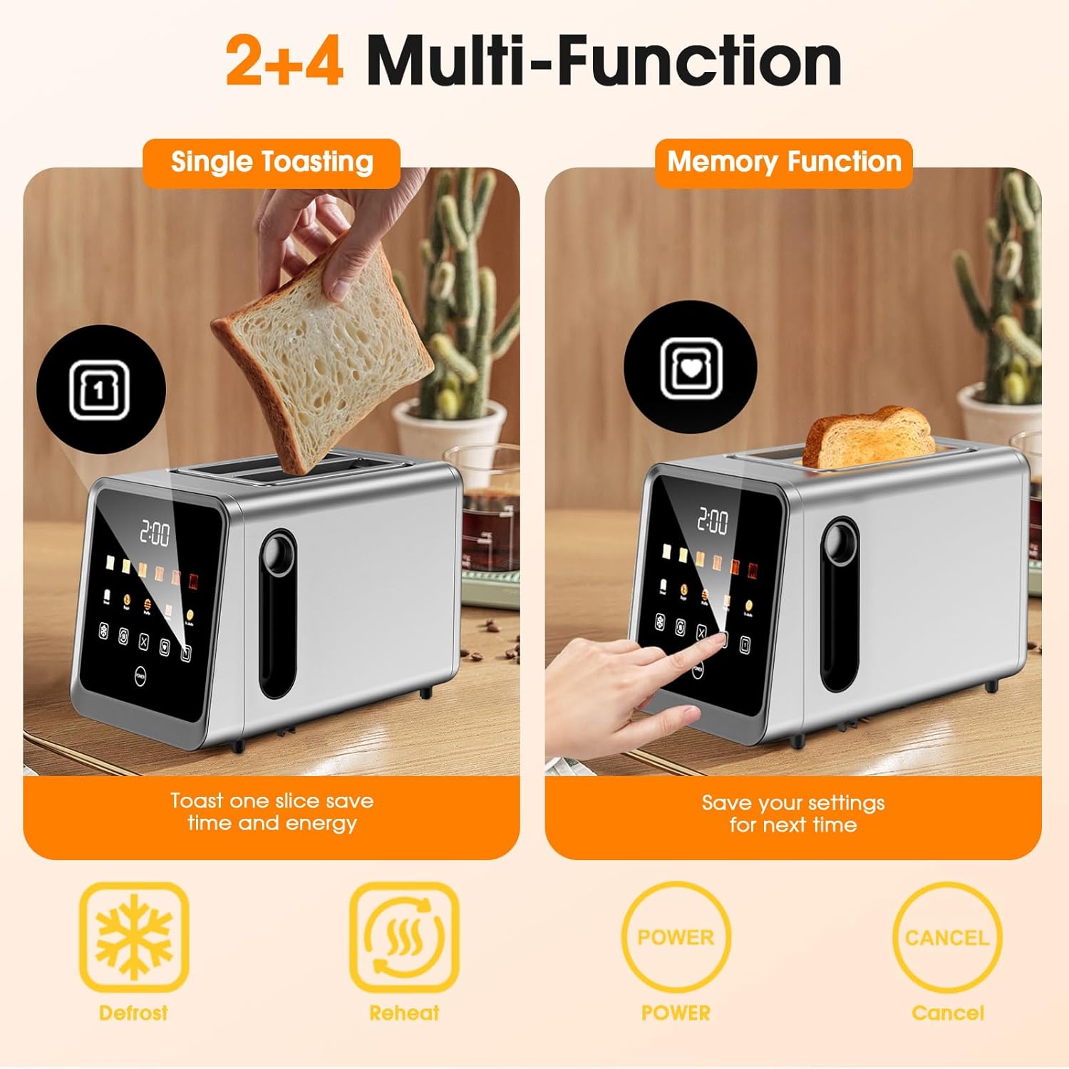 Skiennix 2-Slice Toaster - Smart Digital Touchscreen, 1.5" Extra-Wide Slots, 6 Browning Settings, 900W