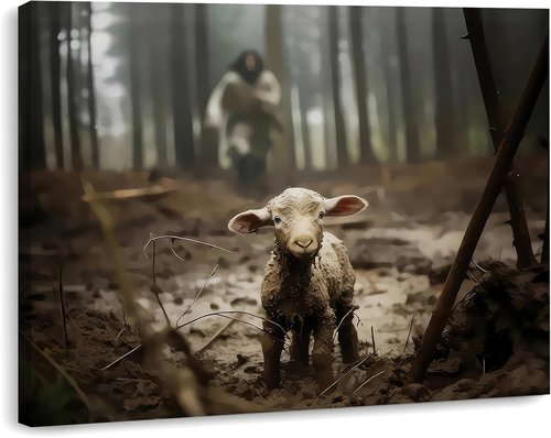 Framed Jesus Christ Wall Art - Canvas Painting of Jesus and Lamb | Biblical Decor for Churches & Prayer Rooms - 12" x 16"