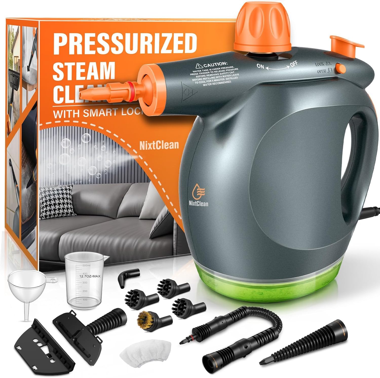 Skiennix 1250W Handheld Steam Cleaner - Multifunctional Pressurized Steamer with Detergent Container & Safety Lock for Kitchen, Bathroom, Windows & Floors