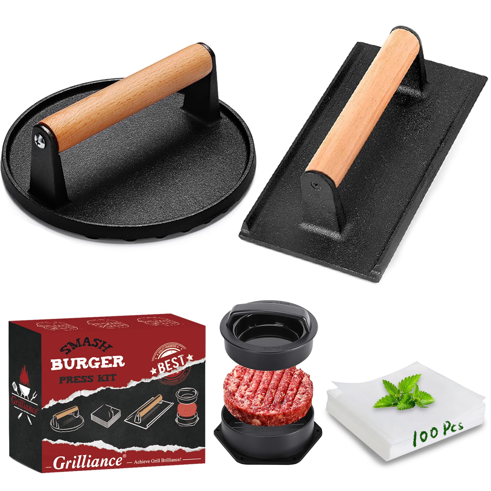 Grilliance Smash Burger Press Kit, 3 in 1 Hamburger Press Patty Maker, Black Cast Iron Burger Press Round & Rectangle, 100pcs Wax Paper for Grill, Griddle, Flat top, Kitchen, Cooking
