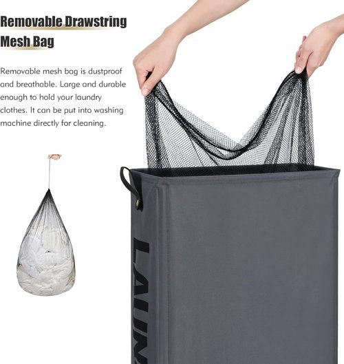 DOKEHOM Slim Laundry Basket - 27.5-Inch Rolling Hamper with Removable Wash Bag | Grey Foldable Storage Solution