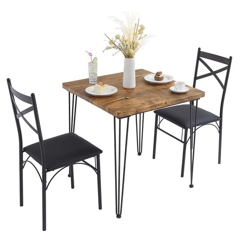 VECELO 3-Piece Dining Table Set for Home Kitchen Small Space Breakfast Nook, 2 Faux Leather Metal Frame Chairs,Brown,Set for 2