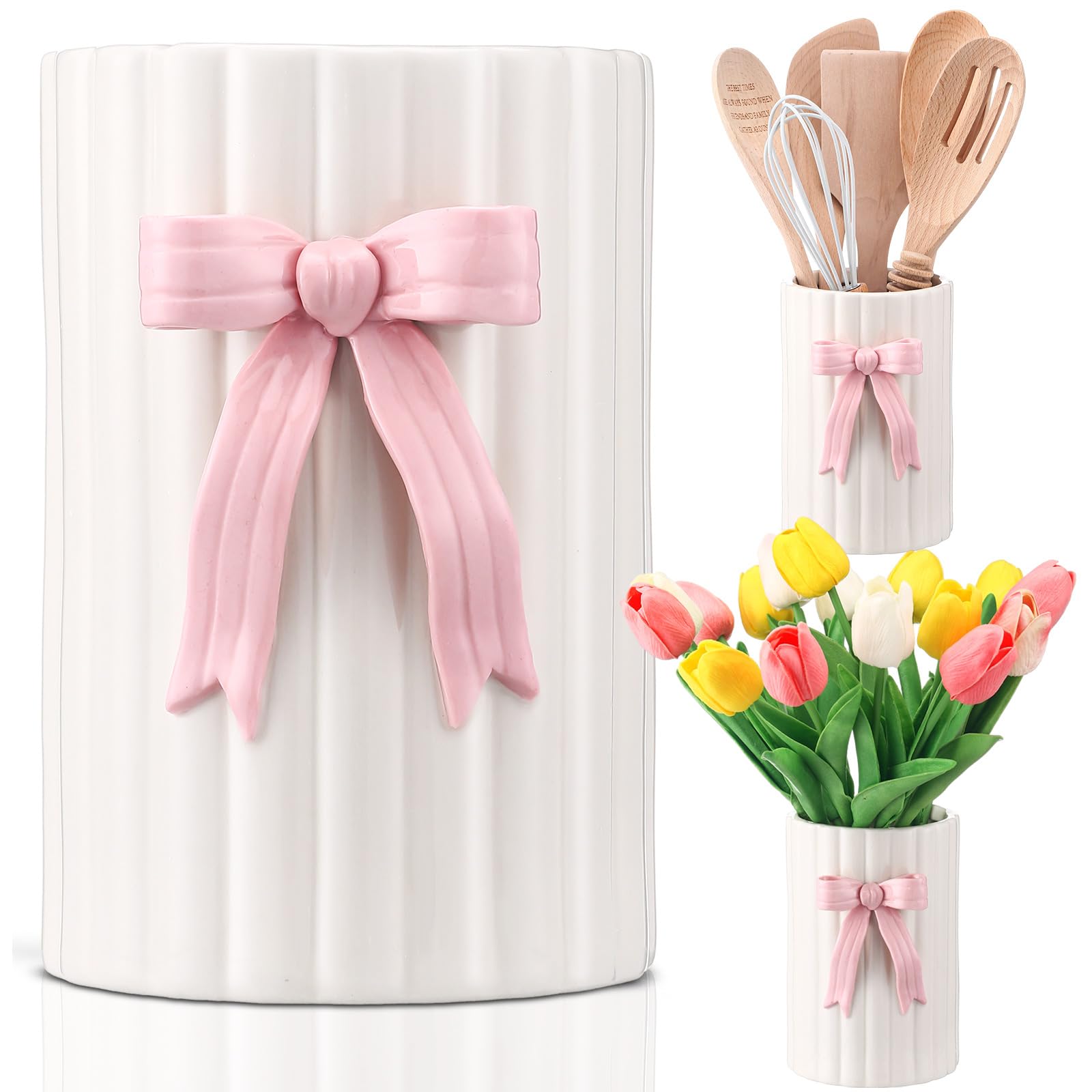 LemonRoad Pink Bow Ceramic Utensil Holder 3D Coquette Handmade Pink Kitchen Decor Mothers Day Kitchen Gifts Cooking Utensil Crock with Scalloped Preppy Caddy Pen Holder Vase for Countertop Spoon