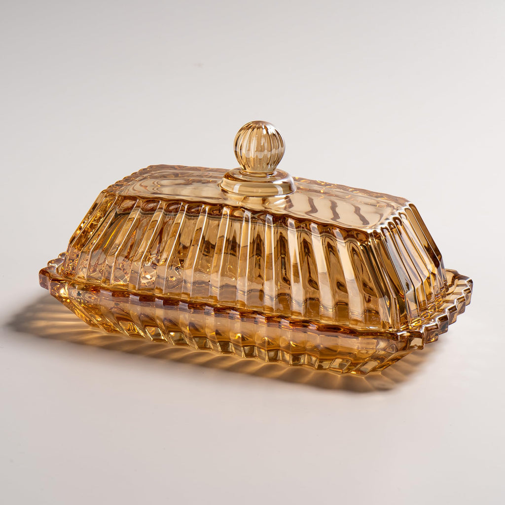Champagne Color Glass Butter Dish with Lid, Covered Butter Stick Holder Tray, Crystal Glass Butter Storage Container for Kitchen Countertop