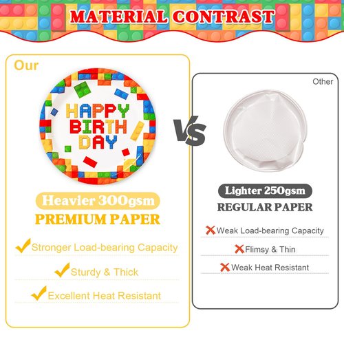 197 Pcs Building Blocks Birthday Paper Plates Tableware Set (Serves 24), Colorful Blocks Supplies Include Banner Pendant Plates Napkins Cups Forks Knives Tablecloth Topper Balloons For Kids Party