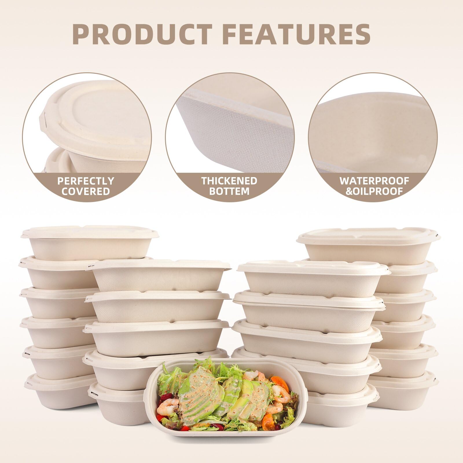 60Pcs(29oz) Disposable Meal Prep Lunch Food Takeout Salads Sandwiches Bowls Containers with Lids,Compostable Biodegradable to go Food Microwavable Freezer Safe Containers for Party Camp out.