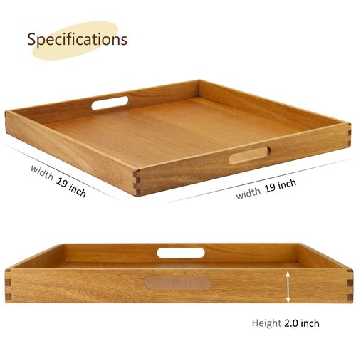 MAGIGO 19 x 19 Inches Large Square Teak Wood Ottoman Tray with Handles, Serve Tea, Coffee Classic Wooden Decorative Serving Tray