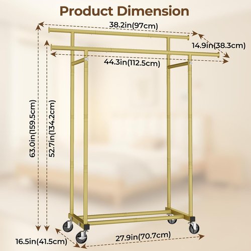 HYSEYY Double Rod Clothing Rack - Sturdy Portable Garment Rack for Bedroom & Laundry | Gold Finish